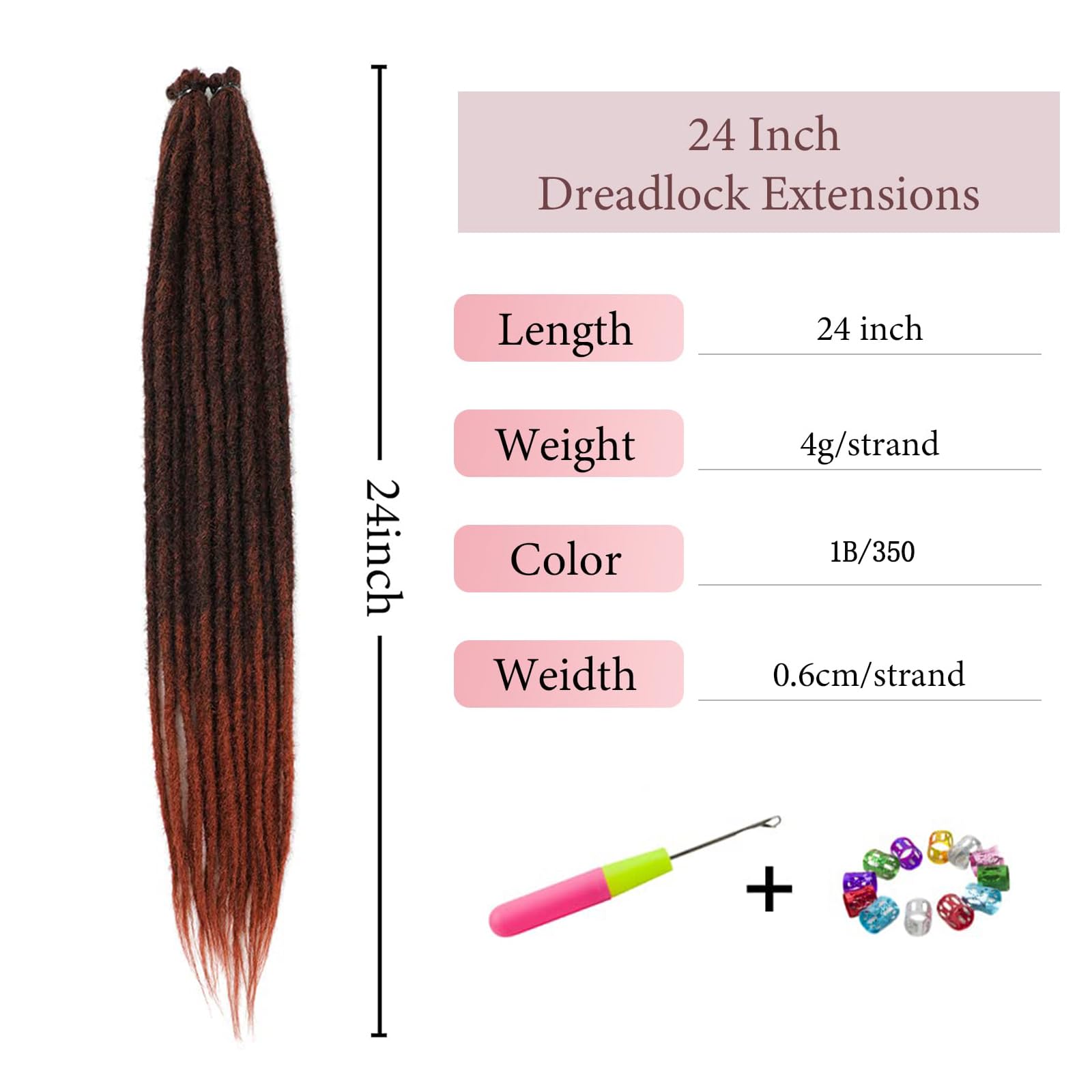 Dreadlock Extensions 24 Inch Synthetic Hippie Single Ended Dreads 10 Strands Ginger 0.6 cm Width Loc Extensions Reggae Style Crochet Hair for Women (1B/350 - Image 2