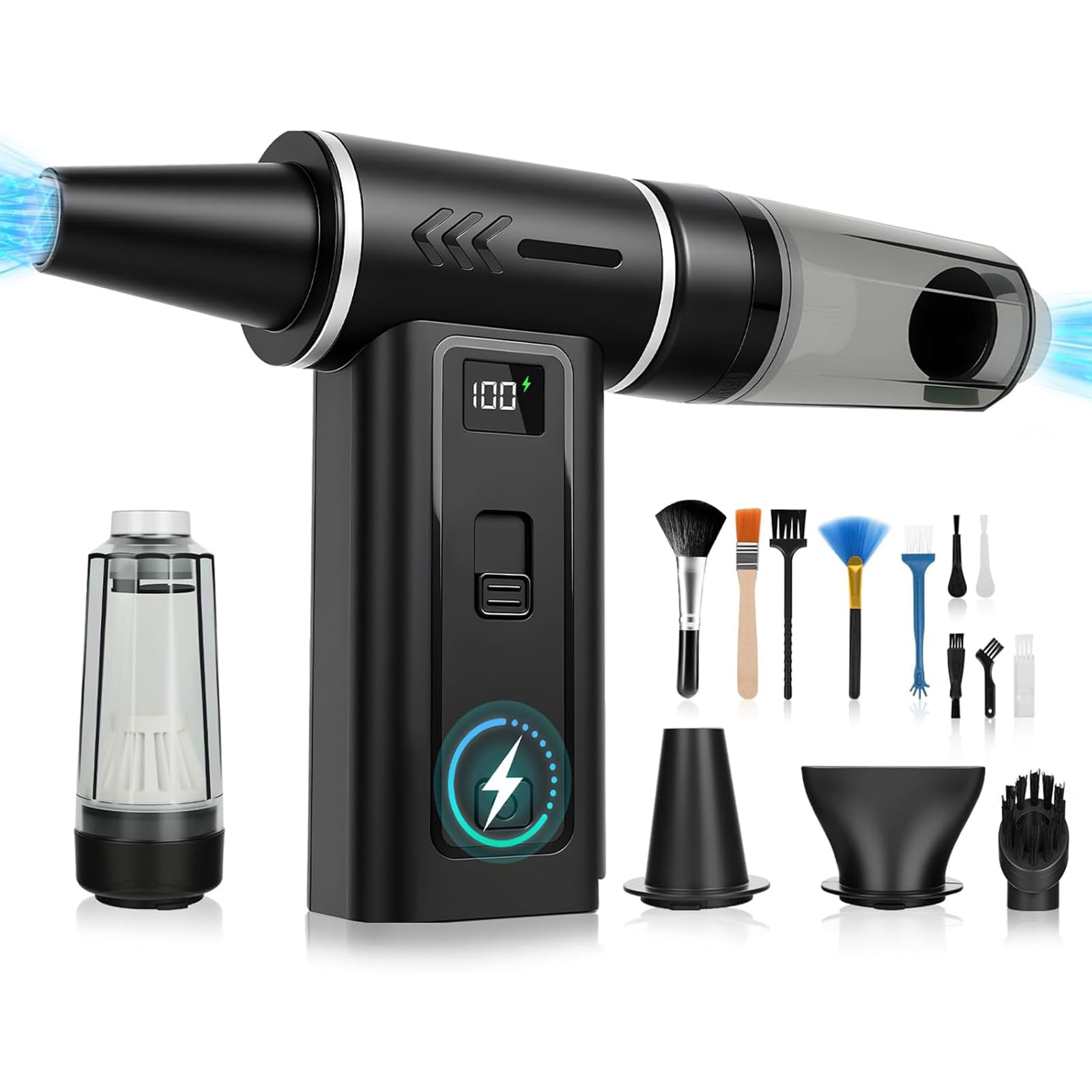 Souffleur Air Comprimé 2-en-1 Dépoussiérant Électrique & Aspirateur 180000 TR/Min, Batterie 8000mAh, 100 Vitesses, Écran Digital, Nettoyage PC, Clavier et Voiture, USB-C (Noir)