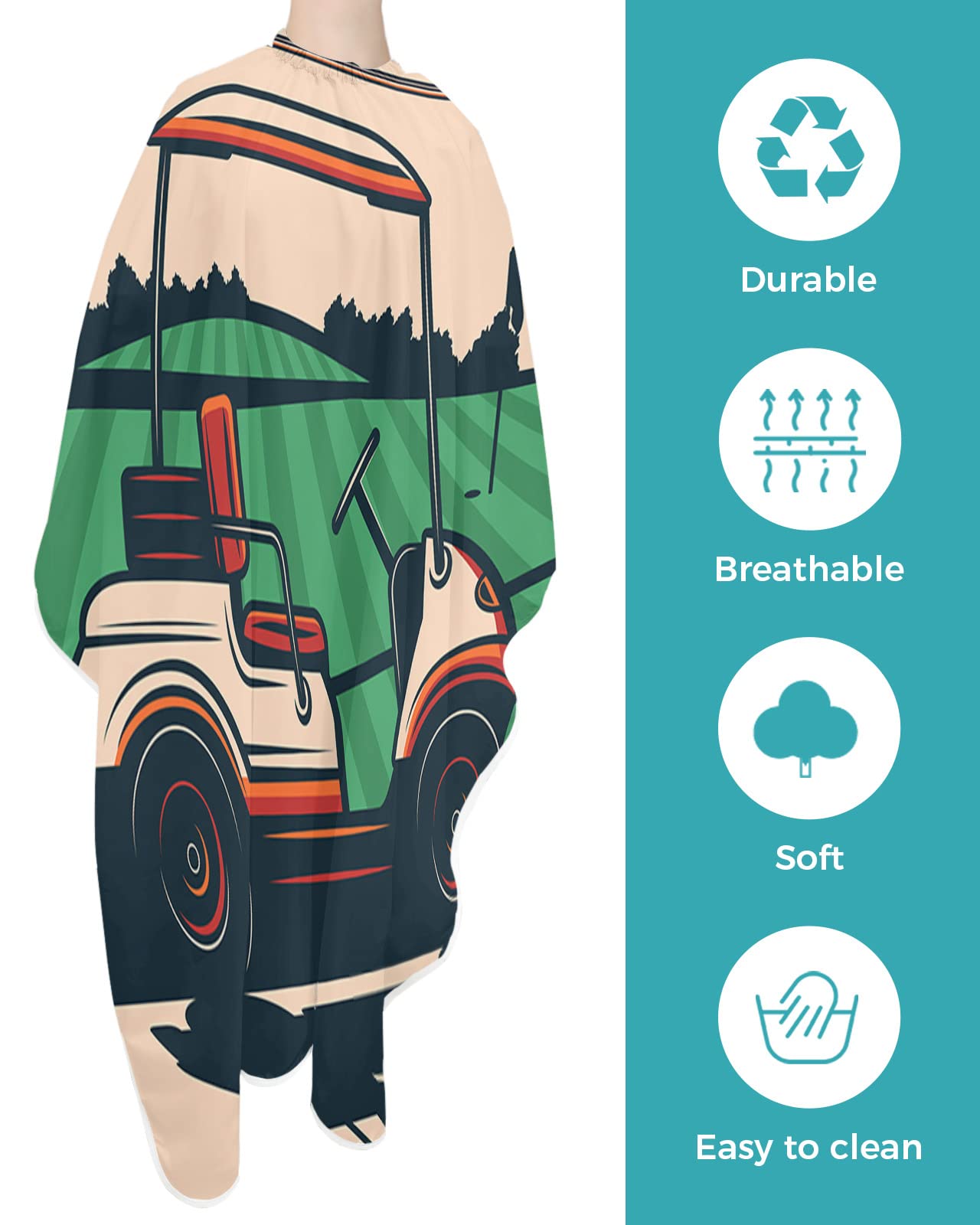 Sports Theme Barber Cape with Adjustable Neck, Golf Cart Golf Club and Ball Green Field Retro Poster Haircut Cape for Men/Women, Unisex Hair Cutting Cape Hairdressing Salon Cape, 55