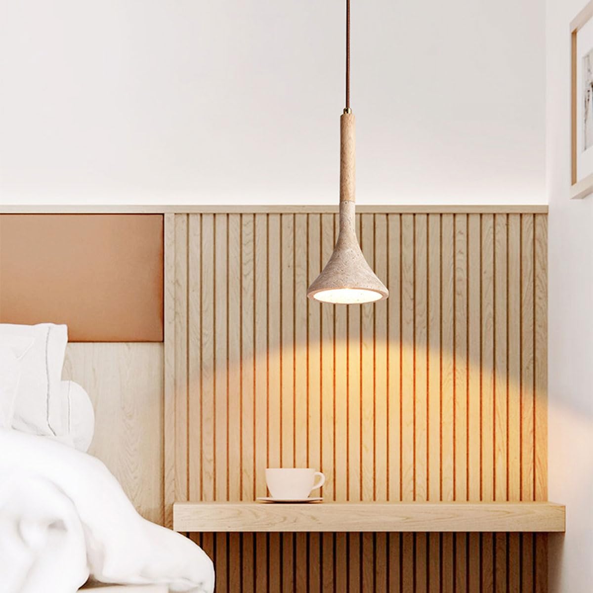 Lampada a Sospensione nordica in travertino Naturale, Stile Vintage Rustico, Lunga e lineare, Ideale per Isola Cucina, lampadario Rustico in Legno Stile Moderno di metà secolo per