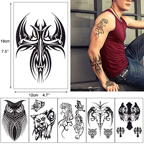 Glaryyears 18 Sheets Dragon Black Temporary Tattoos For Men Teens, Animal Scorpions Wolf Owl Dark Tribal Tiger Cross, On Arm Shoulder Hand Leg Back Body Art 4.7''X7.5'' #TOP5