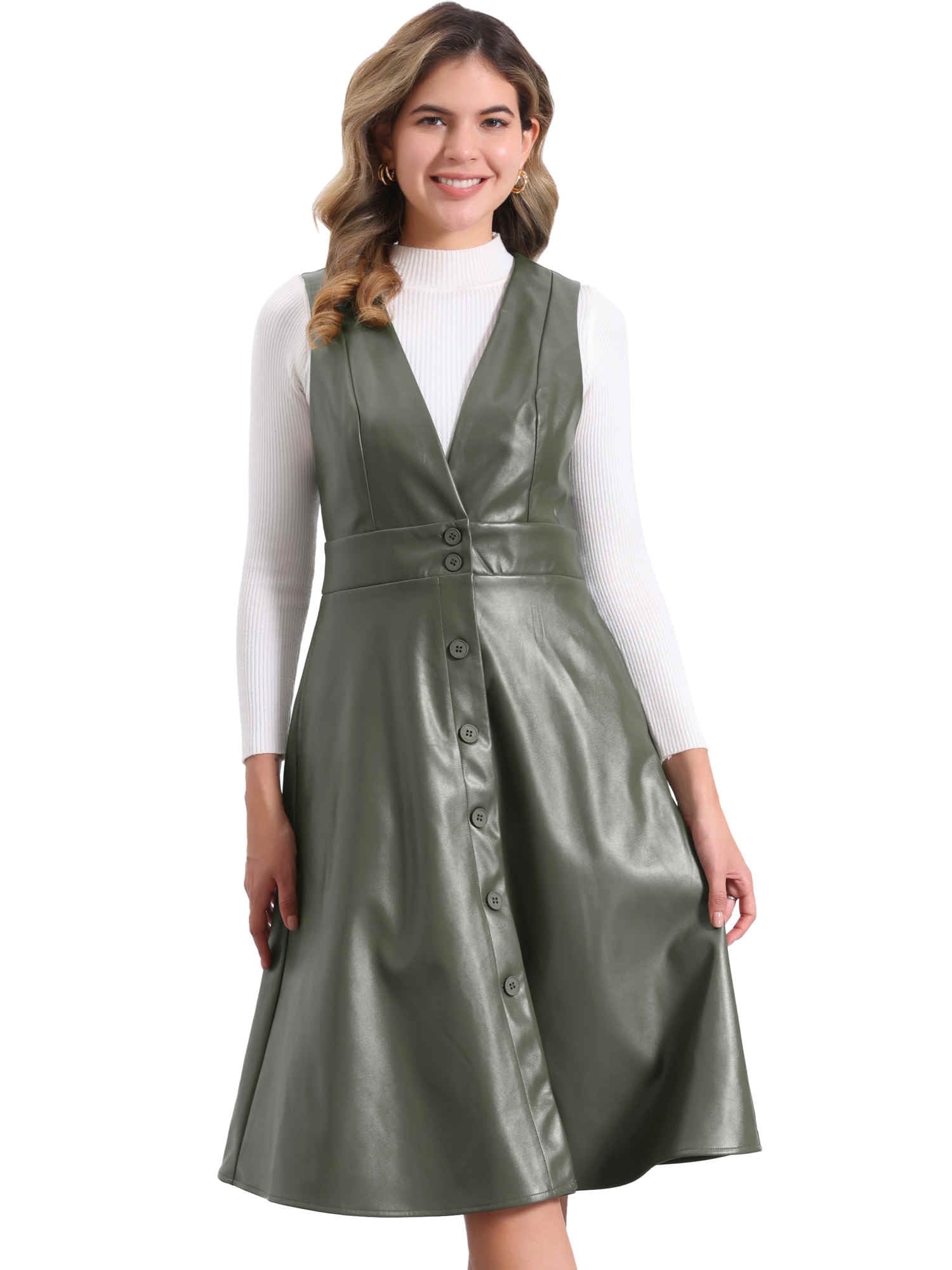 Robe en simili cuir boutonnée sans manches avec décolleté V
