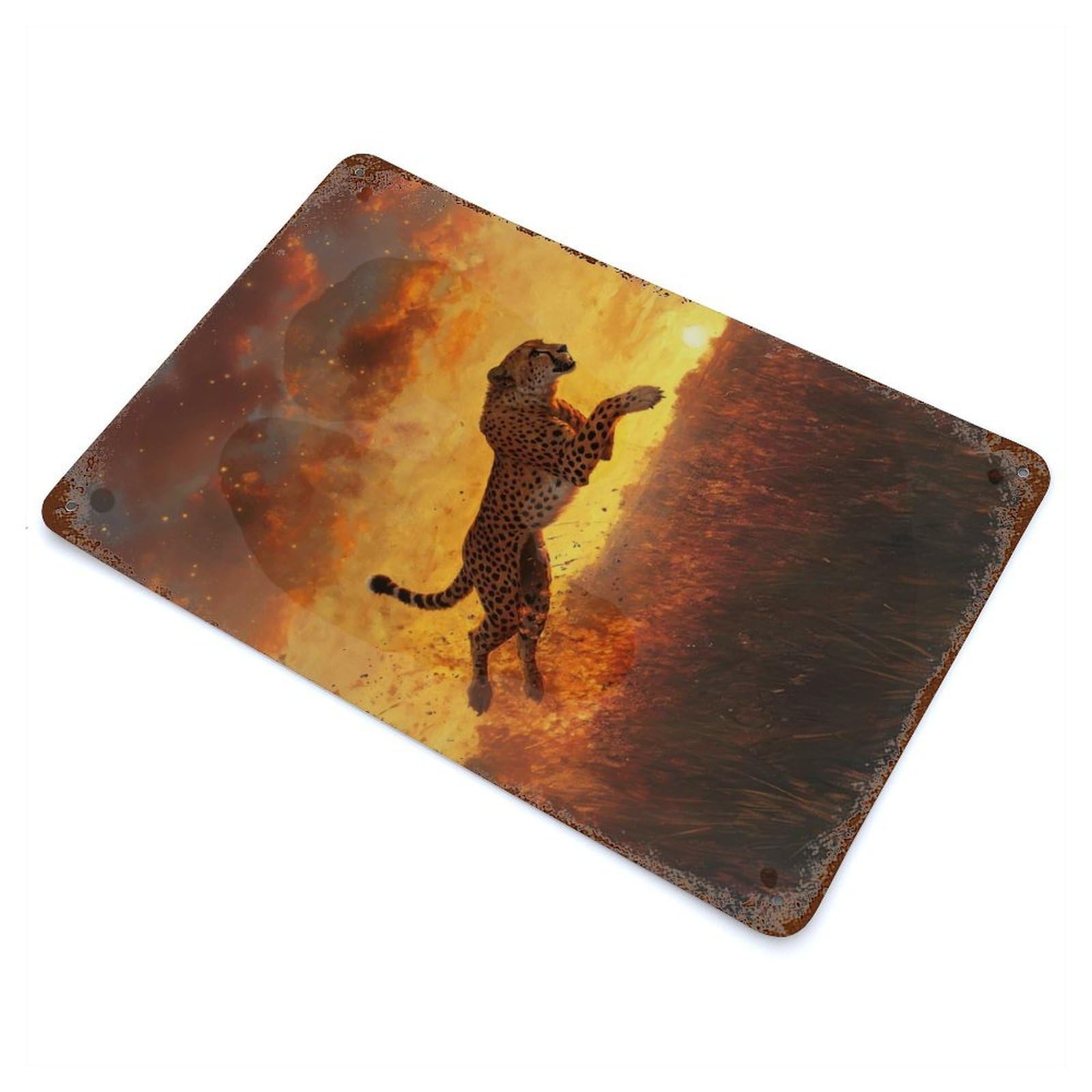 Rust Effect Cheetah Leap at Sunset Vintage Rust Metal Sign 11.8"x7.9", Classic Wall Plaque for Shed, Workshop And Garage Wall Decor