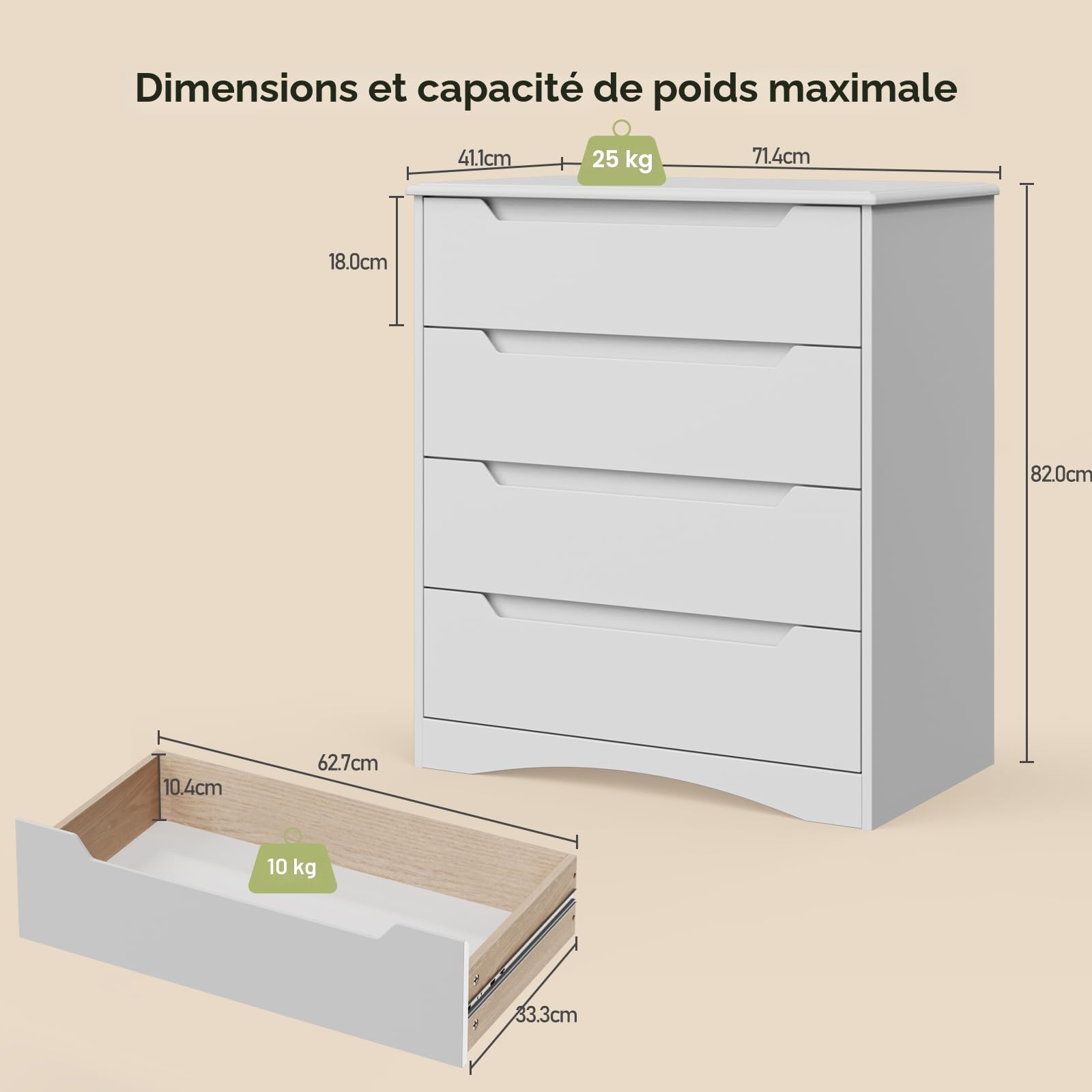 Bealife Commode Blanche à 4 Tiroirs - Meuble de Rangement Spacieux et Élégant pour Chambre, Salon et Entrée