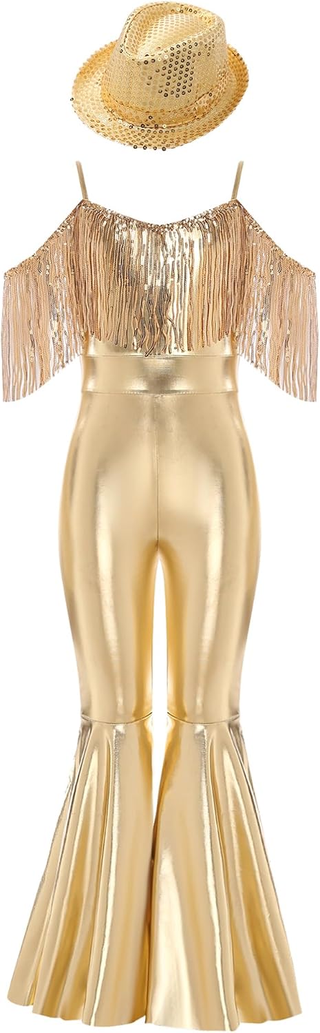 YiZYiF Kids Girls Metallic Flared Pants Jumpsuit Spaghetti Straps Hippie Dance Full Body Unitard and Hat for Performance