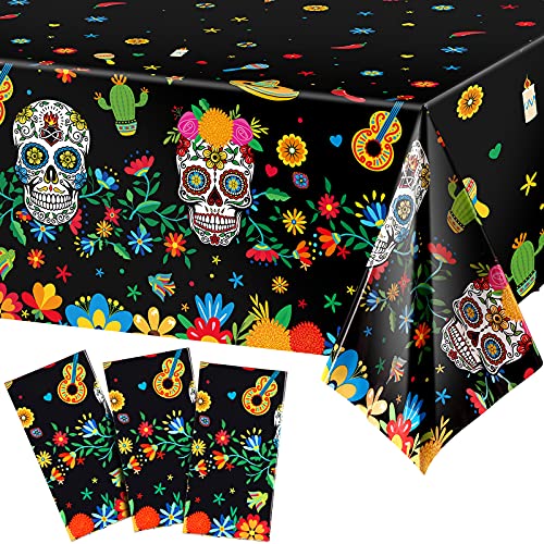 La mejor selección de Calavera coco Top 5. 39 Mantel de plástico con diseño de calavera de azúcar, desechable, rectangular, para Halloween, fiesta mexicana, cumpleaños, fiesta de coco, 3 piezas, 131 x 262 cm