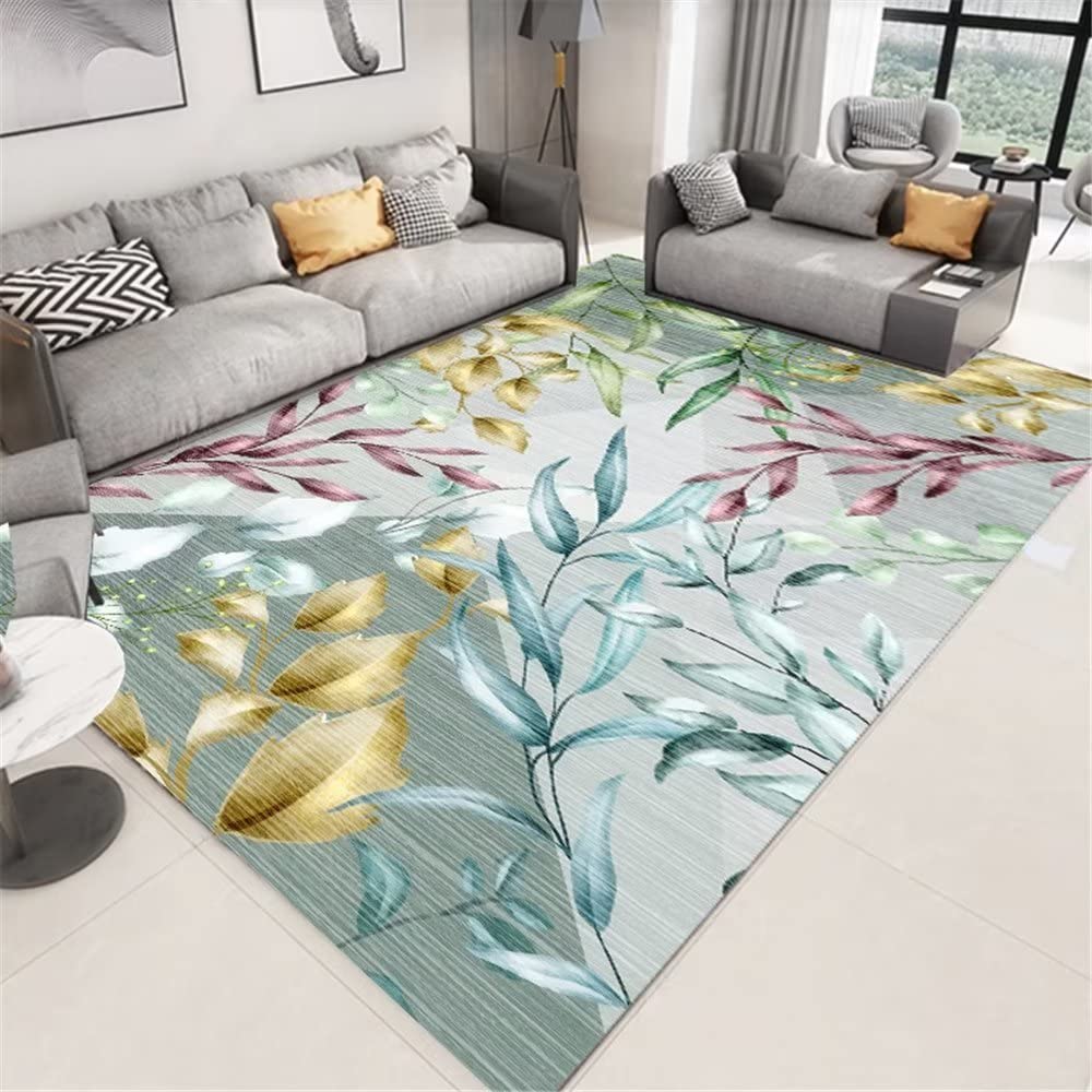Tapis chambre fille bleu à motifs feuilles 50x80cm lavable et doux