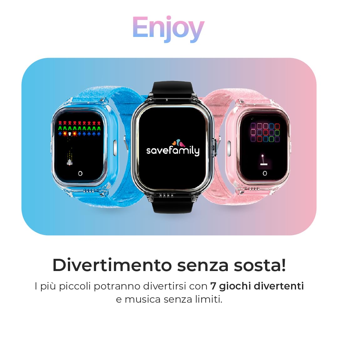 SaveFamily ENJOY | Smartwatch per Bambini con Localizzatore GPS, Giochi Divertenti, Fotocamera, Video, Chiamate, Musica, Contapassi, SOS | Colore Rosa