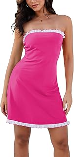 Strapless A-Line Dress for Women Summer Pima Cotton Contrast Lace Trim Going Out Party Cute Tube Top Dresses - Buy now