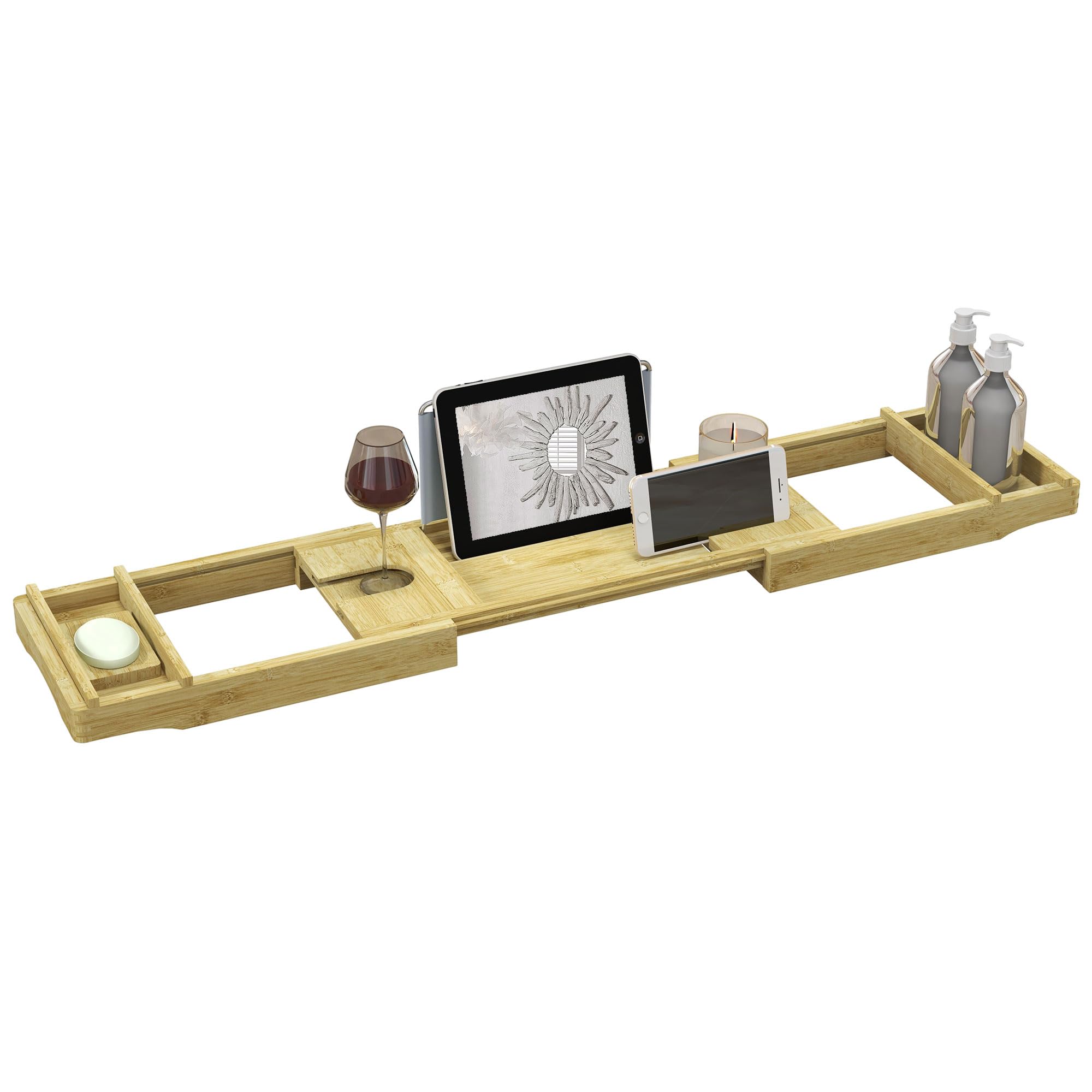 HOMCOM Pont étagère Plateau de Baignoire Extensible en Bambou avec Support gobelet et Porte-Savon, Tablette 75-109 x 23 x 4,5 cm Effet Bois Naturel
