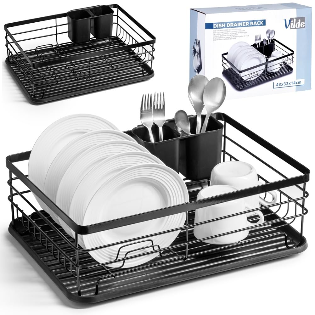 Vilde Escurridor de platos con soporte para cubiertos, de metal y plástico, 43 x 32 x 14,5 cm