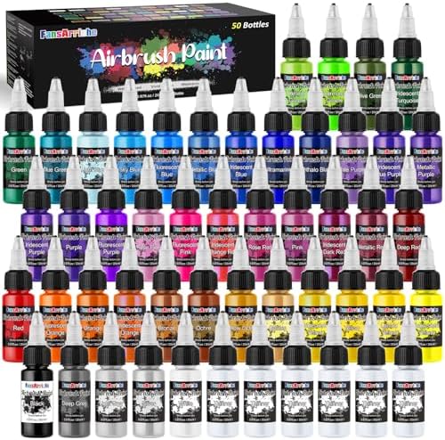 FansArriche Airbrush Paint, 44 Colors with 6 Thinners Acrylic Air Brush Paint Set, Ready to Spray Water-Based Opaque & Neon & Iridescent Acrylic Paint for Beginners, Artists, 20 ml/Bottle