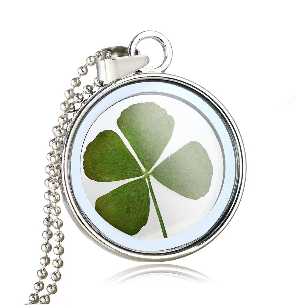 FM FM42 Gold/Silver Tone Dried Leaves Lucky 4-Leaf Clover Round Glass Stainless Steel Locket Pendant Necklace