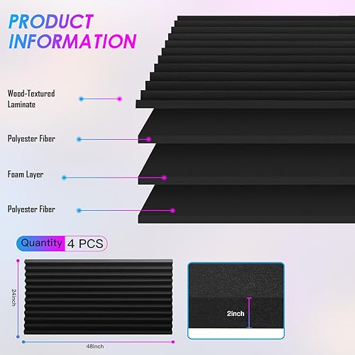 Miniatura 6 de Paquete de 4 paneles de espuma acústica, 48 x 24 x 2 pulgadas, espuma a prueba de sonido, de alta densidad, resistentes al fuego, paneles acústicos