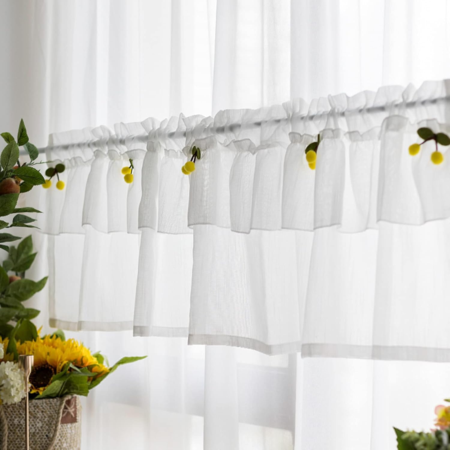 Coffee Curtains,Short Curtains White Kitchen Curtains,Country Style Bistro Curtains,Valance Window Tier Curtains,Modern Sheer Voile Curtains for Bedroom Living Room Kids Room