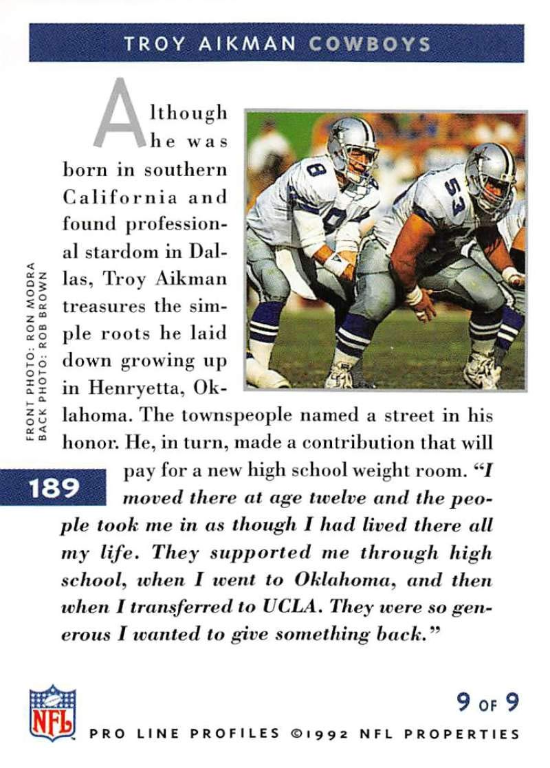 Amazon.com: 1992 Pro Line Profiles Football #189 Troy Aikman