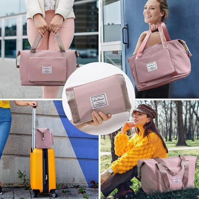 Image of Large Capacity Folding Travel Tote Bag, Oxford Fabric Waterproof Lightweight Foldable Travel Duffel Bag, Portable Expandable Travel Bag, Dry and Wet Separation Carry On Bag for Airplanes (Pink)