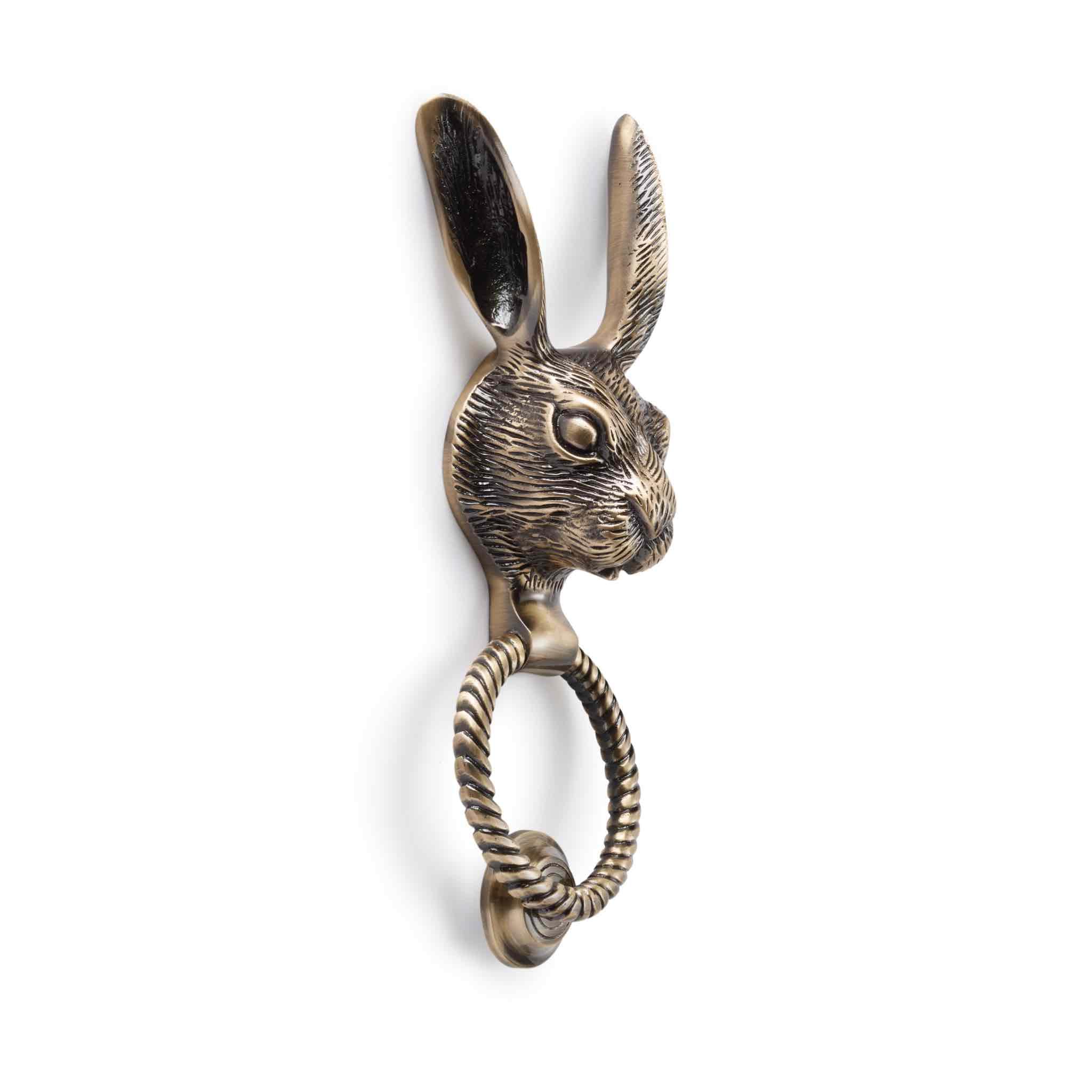 Solid Brass Hare Door Knocker with Reeded Ring – Antique Brass Finish