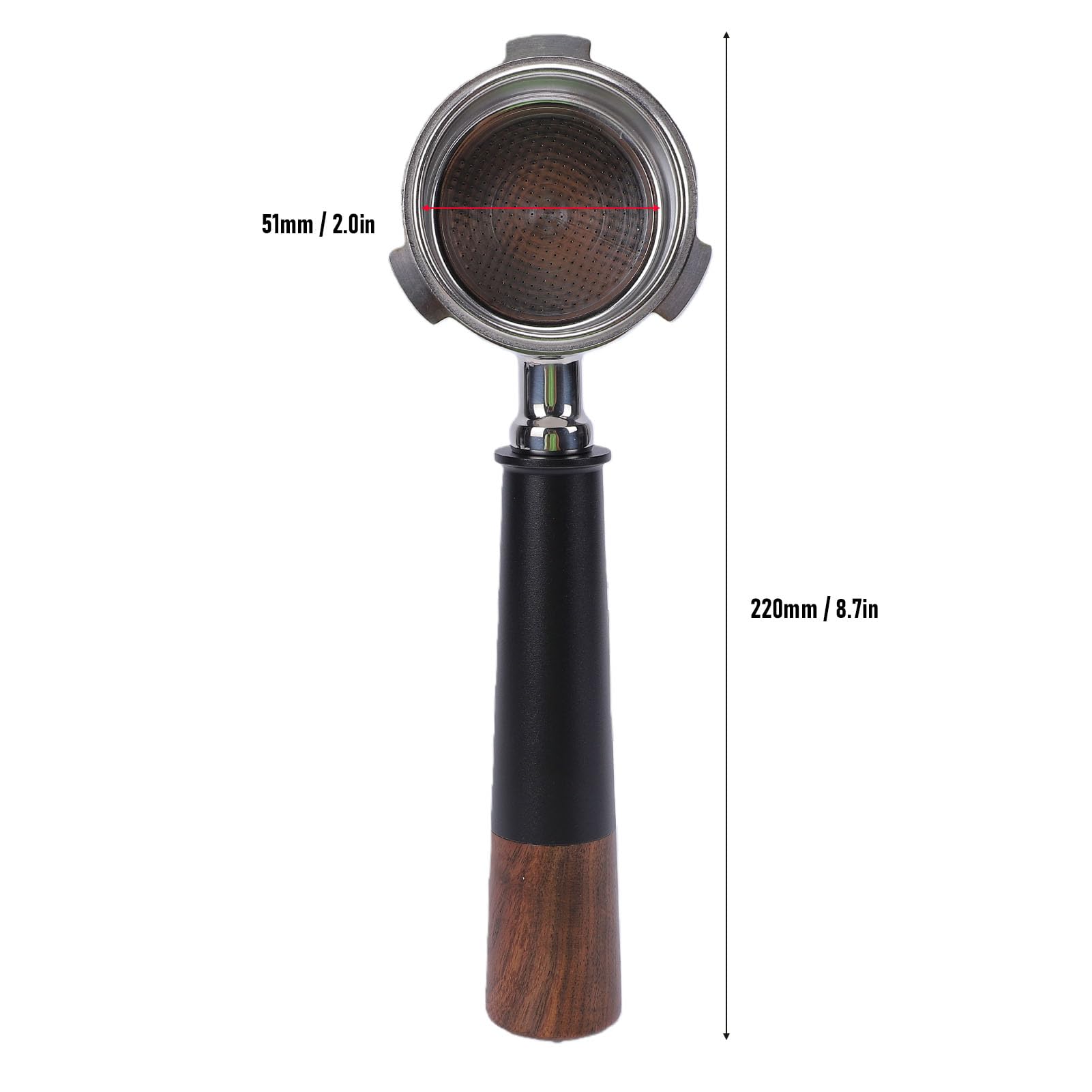 Portafiltro de café de 51 Mm, 3 Orejas, Acero Inoxidable con Mangos de Nogal, para Máquinas de Espressos (Caño doble con fondo)