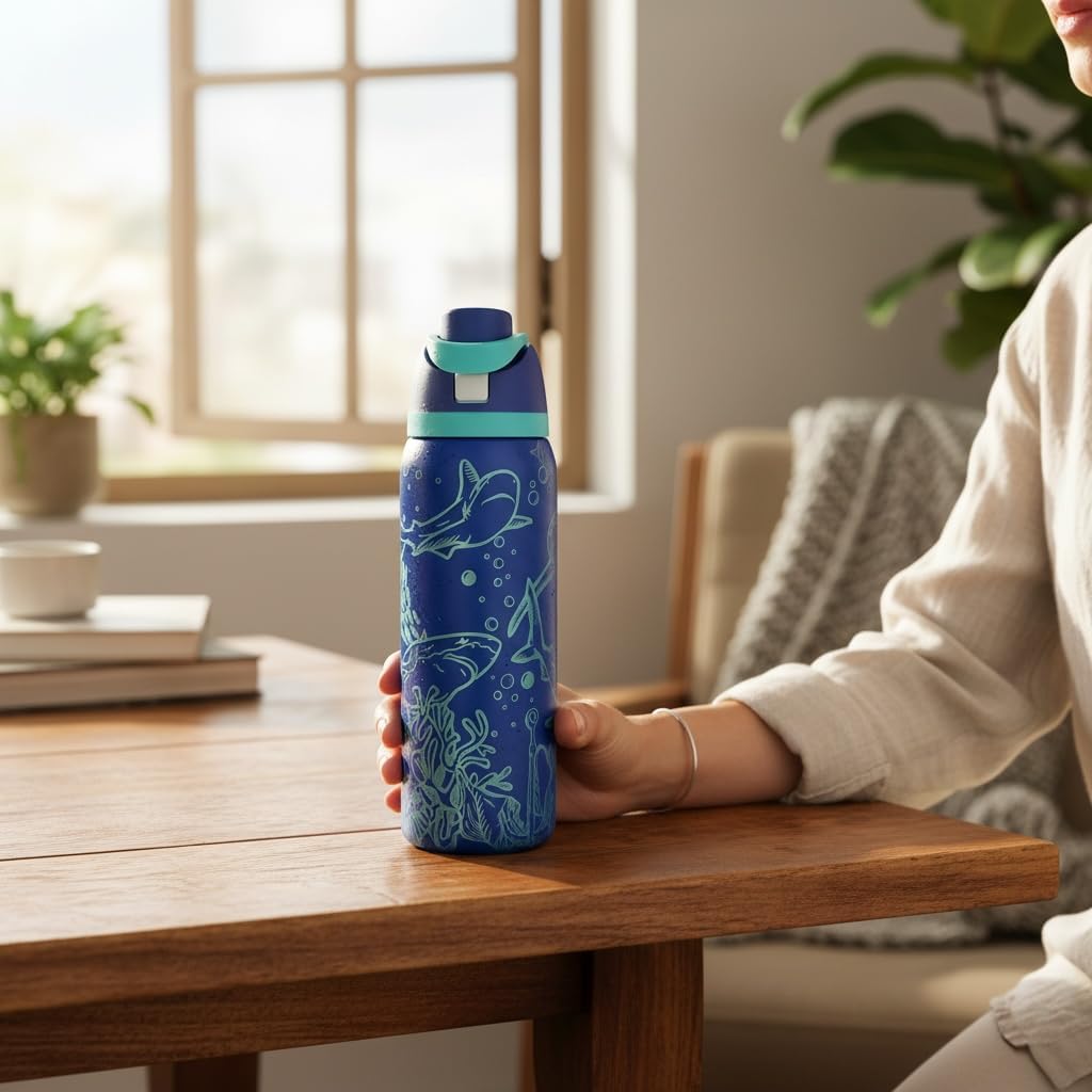 32oz Shark Theme Insulated Water Bottle – Stainless Steel Flip-Top Lid, Ocean Sea Life Design, Reusable Leakproof Sports Bottle (32oz Sky blue(74)-Sharks(J13))