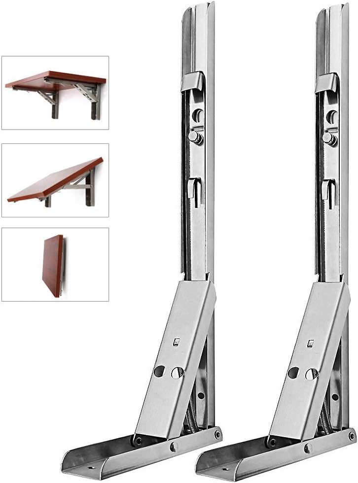 14" Stainless Steel Folding Shelf Bracket Wall Mounted Heavy Duty Triangle Support Brackets with Long Release Arm for Shelve, Table, Chair, 2 Pack (35 cm, Silver)