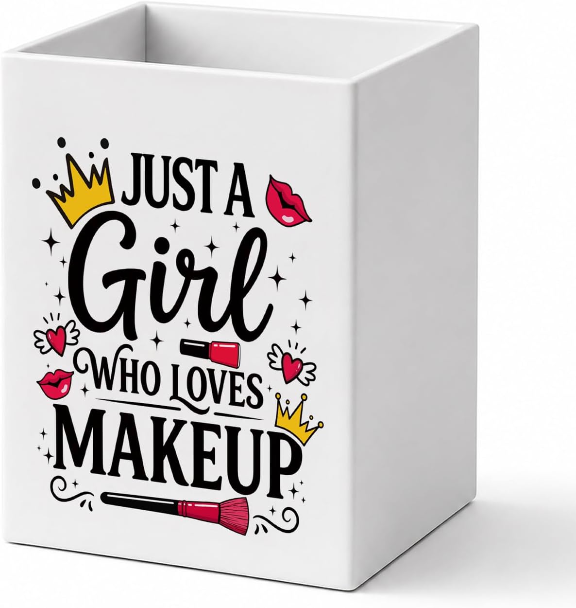 Just A Girl Who Loves Makeup, Funny White Cosmetic Pencil Pen Holder Cup, Vanity Desk Organizer, Cute Office Gifts for Women Coworker Makeup Lover