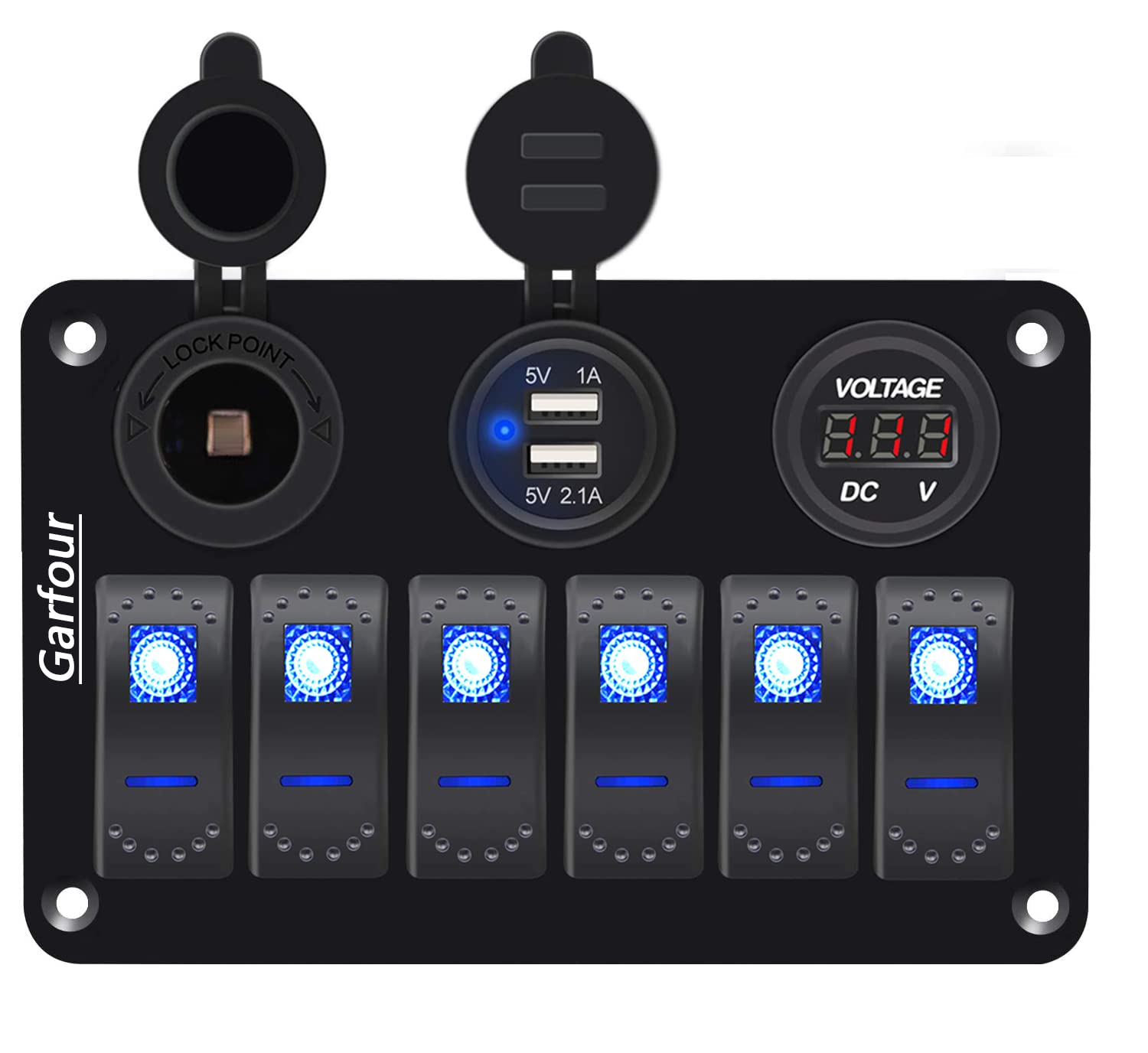 Waterproof 6 Gang Aluminum Boat Switch Panel Marine Rocker Switch with 12V Voltmeter Type C and QC3.0 USB Charging Socket for Car Boat