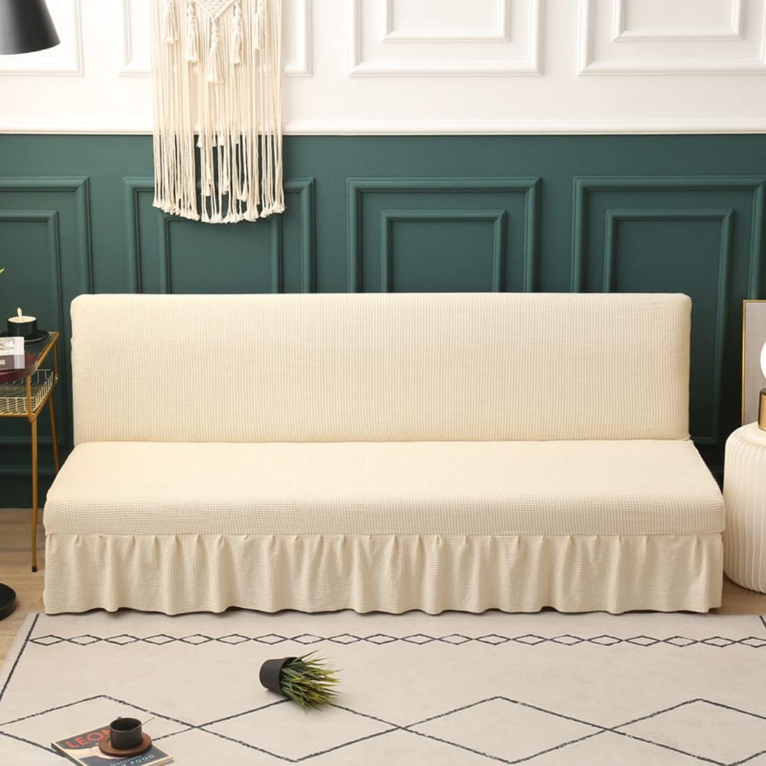 YOPOIY Stretch Futon Sofa Bed Cover Armless Sofa Cover with Ruffled Skirt Full Folding Solid Color Removeable Machine Washable Futon Couch Cover -beige-120-150cm