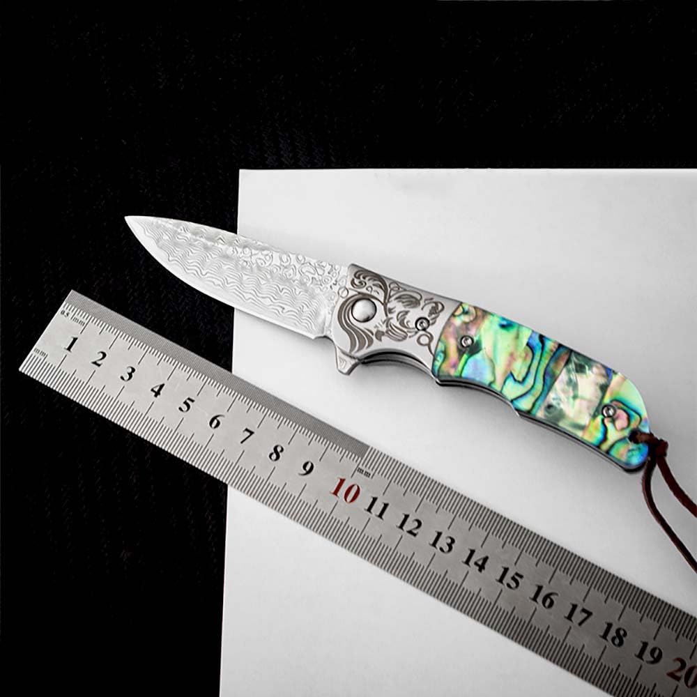 Klappmesser 6.6" klein EDC Taschenmesser Damast Aus Damaszener Damaststahl & Muschel Bunt Outdoor Messer Survival Jagdmesser Tanto Scharfes Einhandmesser, Damastmesser, rainbow Messer Mit clip Holster