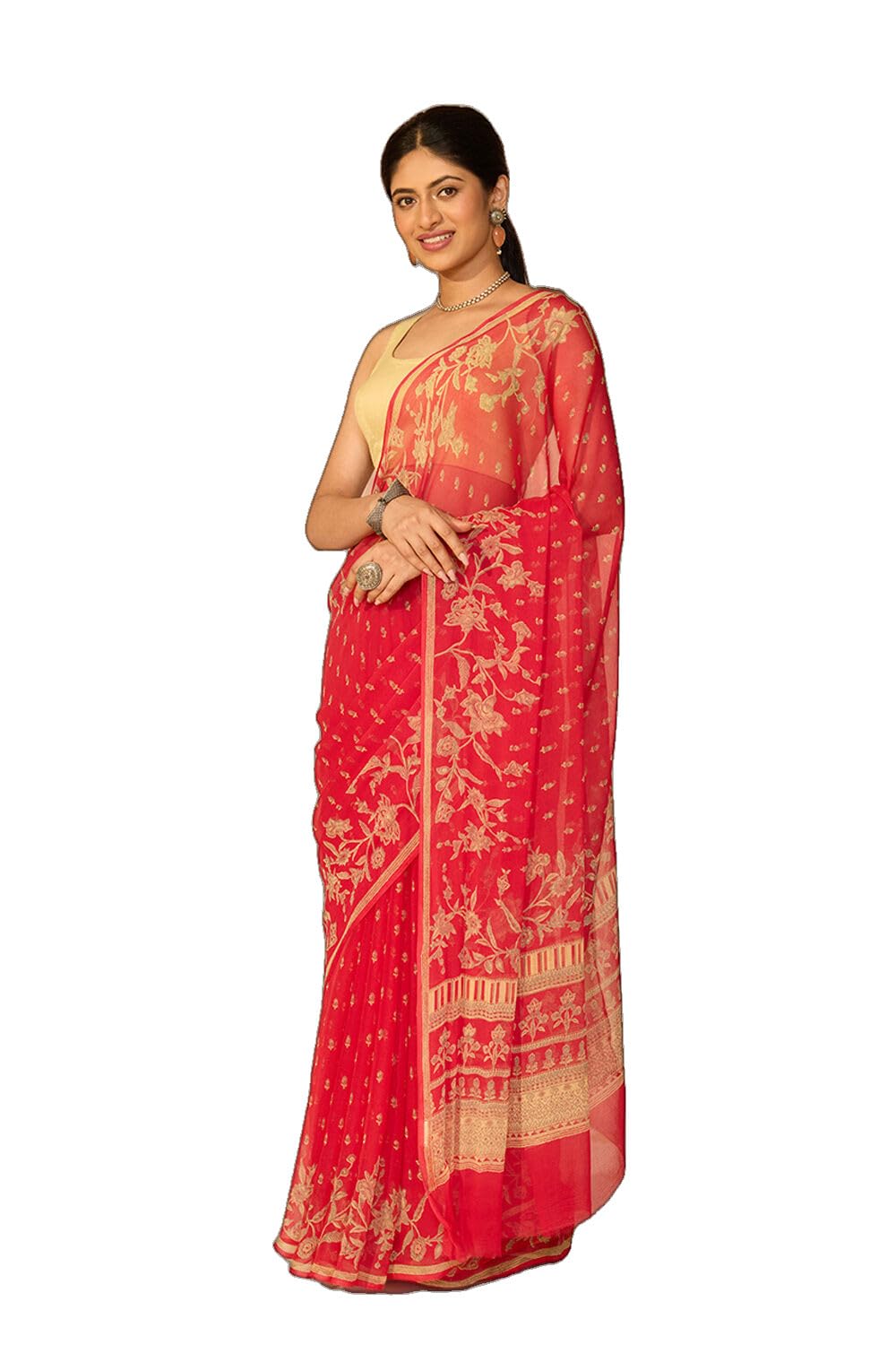 Red Screen Printed Viscose Chiffon SareeWith Unstitched Blouse(SAPP01AD5481-Red)-image-48