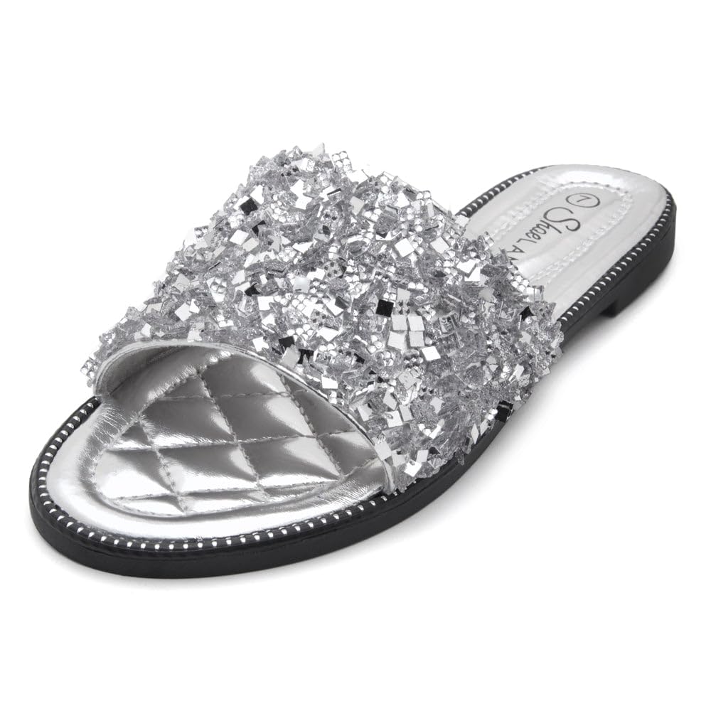 Shoe Land Joli Women's Flat Sandals, Fashion Sparkly Slides, Open Toe Rhinestone Slippers, Glitter Bling Casual Sandals with Cushioned Footbed for