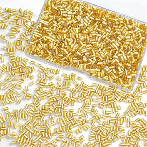 Laopottbeads 1400Pcs Glass Bugle Beads 2.24mm Large Hole 1.3mm Tube Beads for Jewelry Making Uniform Long Spacer Beads for Embroidery Bracelets Necklaces & DIY Crafts with Storage Box(Gold)