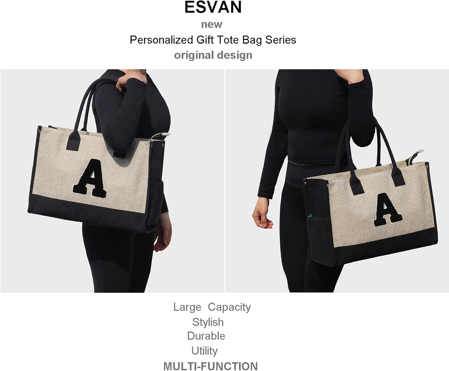ESVAN Personalized Gifts Canvas Tote Linen Bags Handbags Top Zipper Closure Initial Retro Utility Tote - Image 6