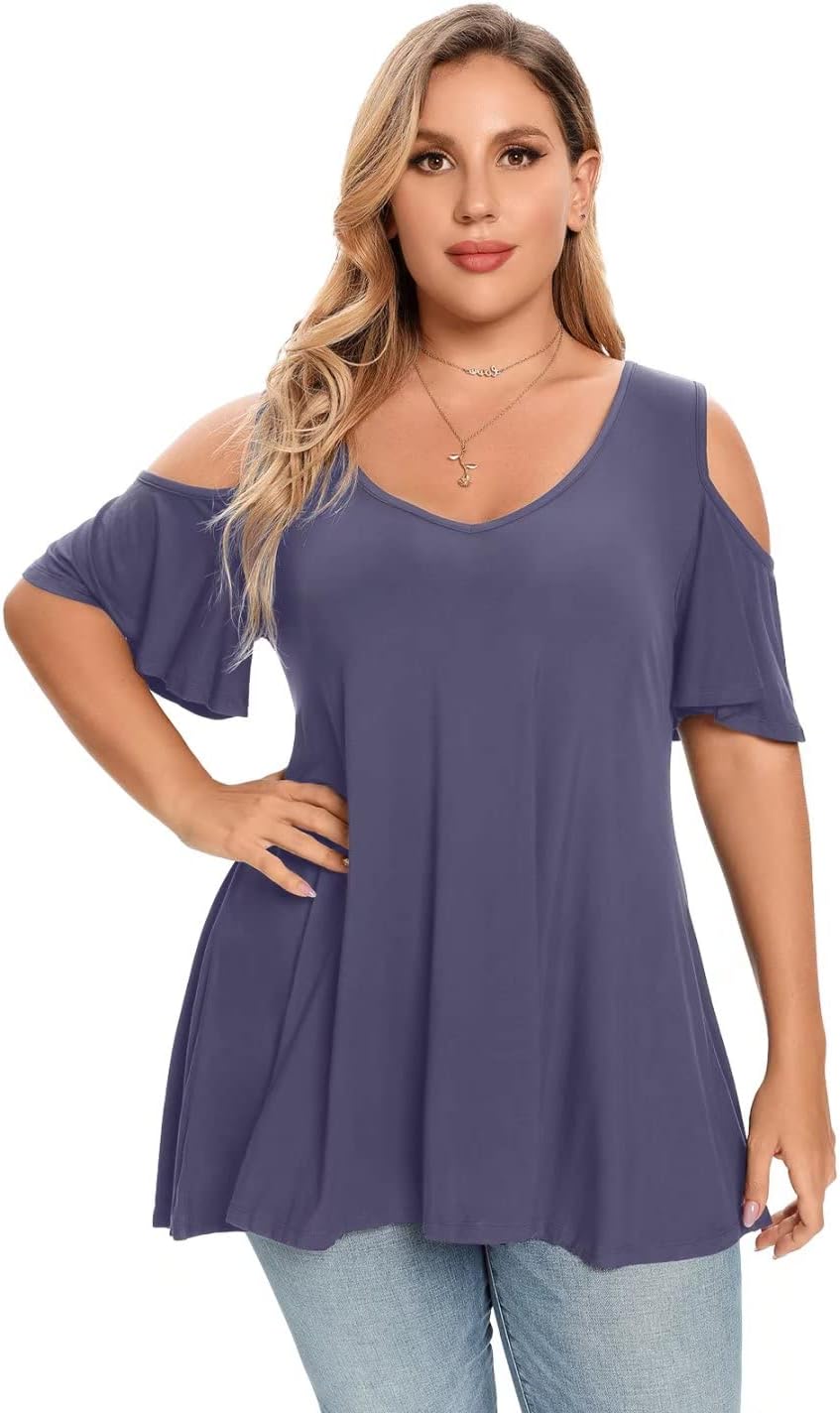 LARACE Plus Size Tunic Tops For Women V neck Short Sleeve T-shirt Cold Shoulder Loose Summer Tops Blouse