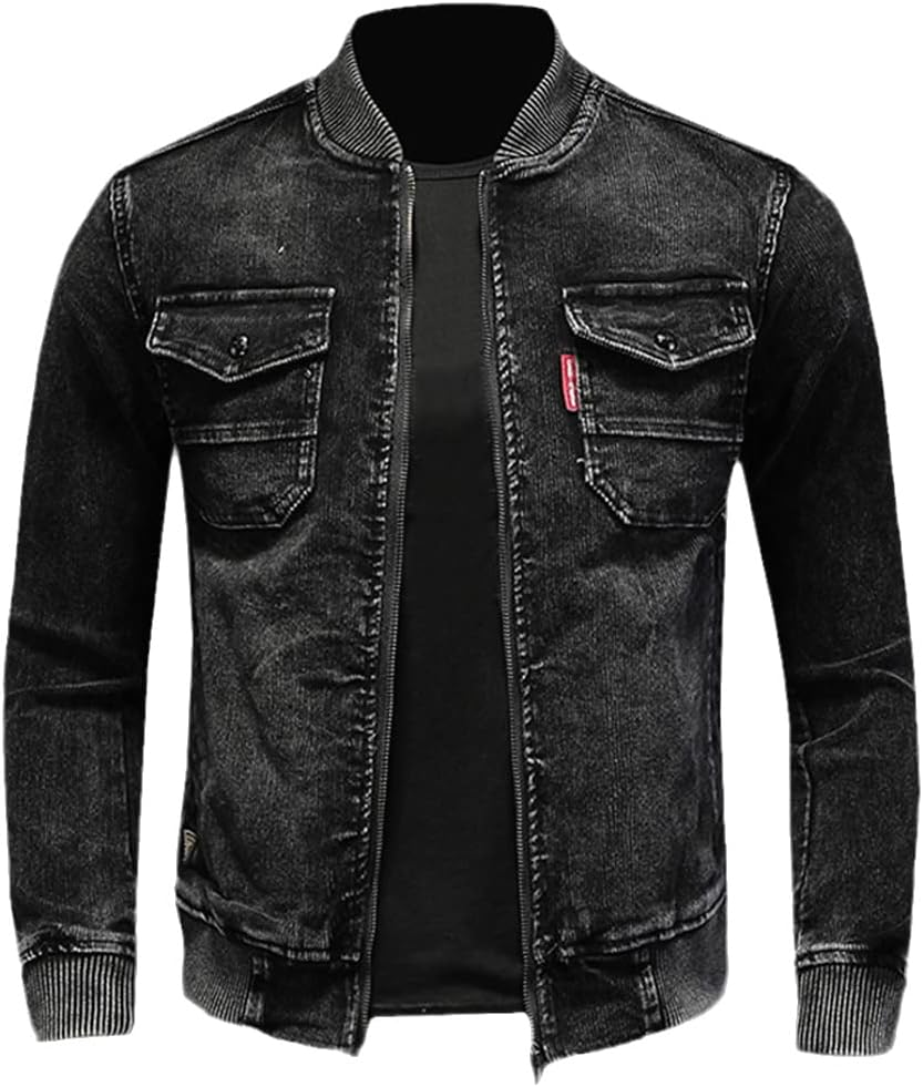 Alloaone Men Denim Jackets Slim Fits Jean Denim Jacket Patchwork Zipper