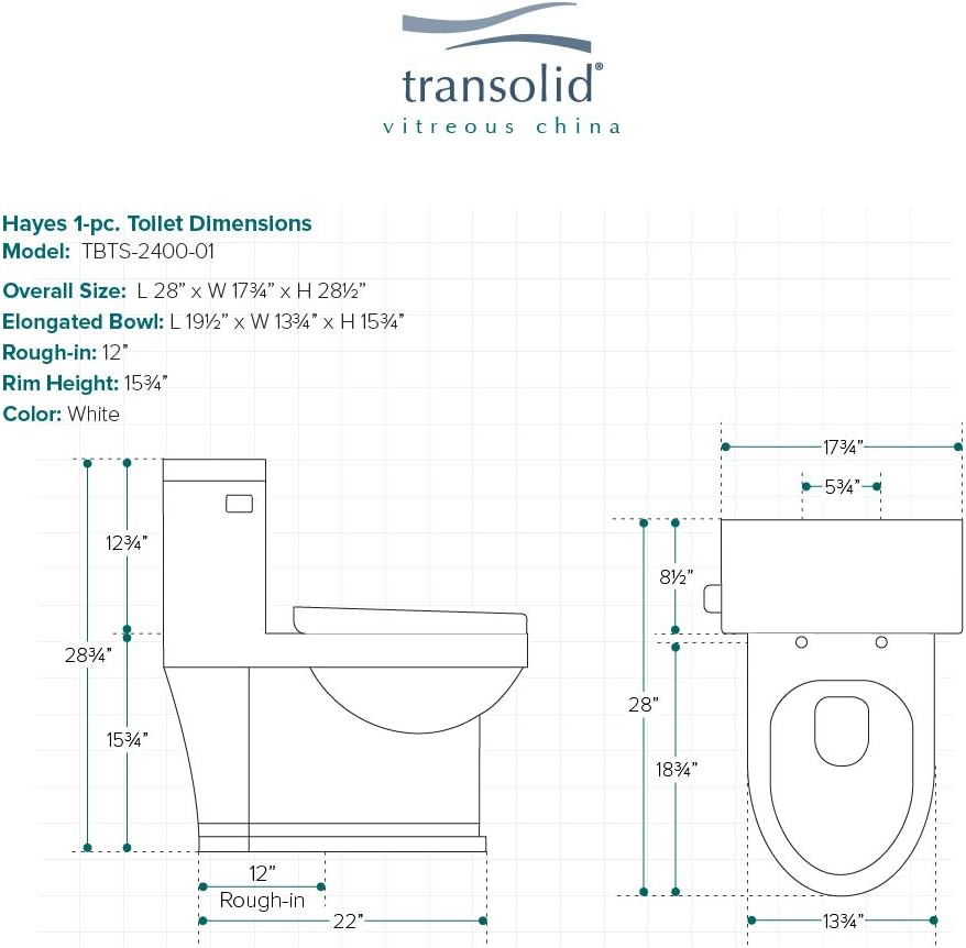 Transolid TBTS-2400-01 Hayes Elongated 1-Piece Vitreous China, Water-Efficient 1.28 GPF All-in-One Toilet Kit with Slow-Close Seat, White