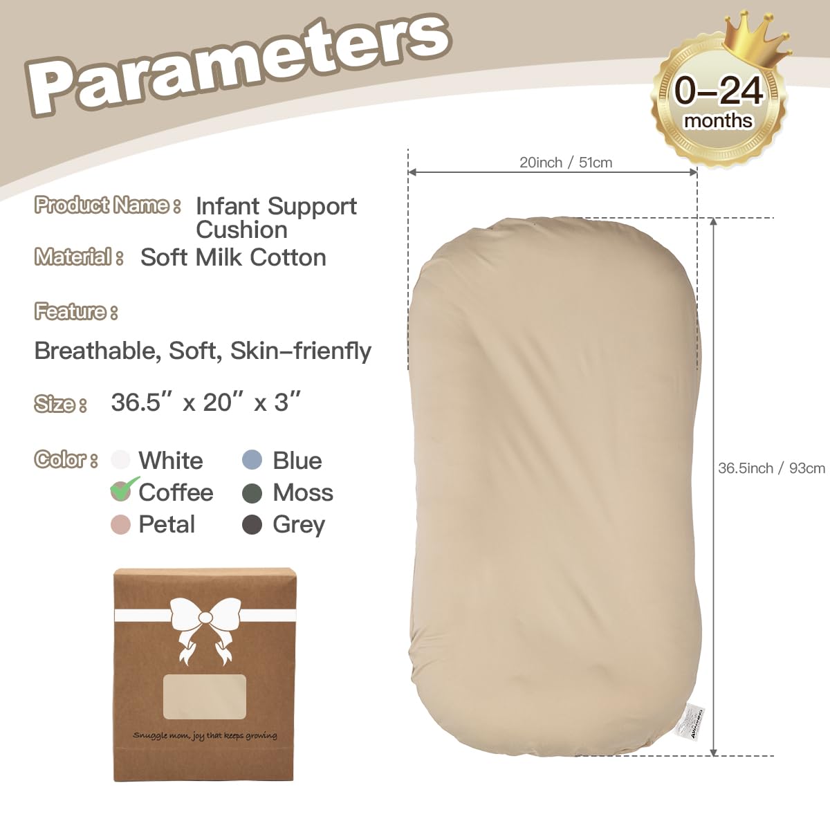 Infant Support Cushion -Baby Support Cushion for Newborn, Oversized for 0-24 Months (36.5*20 inchs), Tummy Time Mat for Home and Travel, Soft Cotton, Supervised Use, Baby Essentials Gift -includ cover