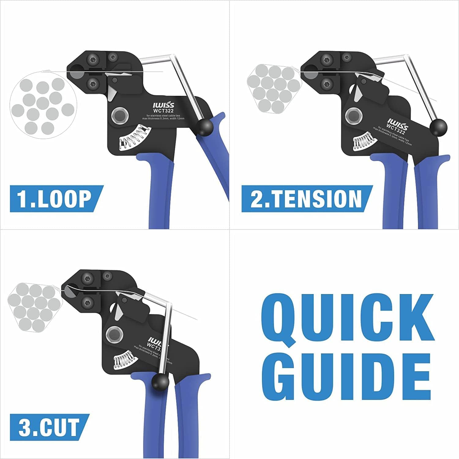 WCT322 Stainless Steel Cable Tie Gun Wrap Tool Metal Zip Tie Tightener Tensioning&Cutting Cable Tie Gun c/w Zip Tie Release Tool