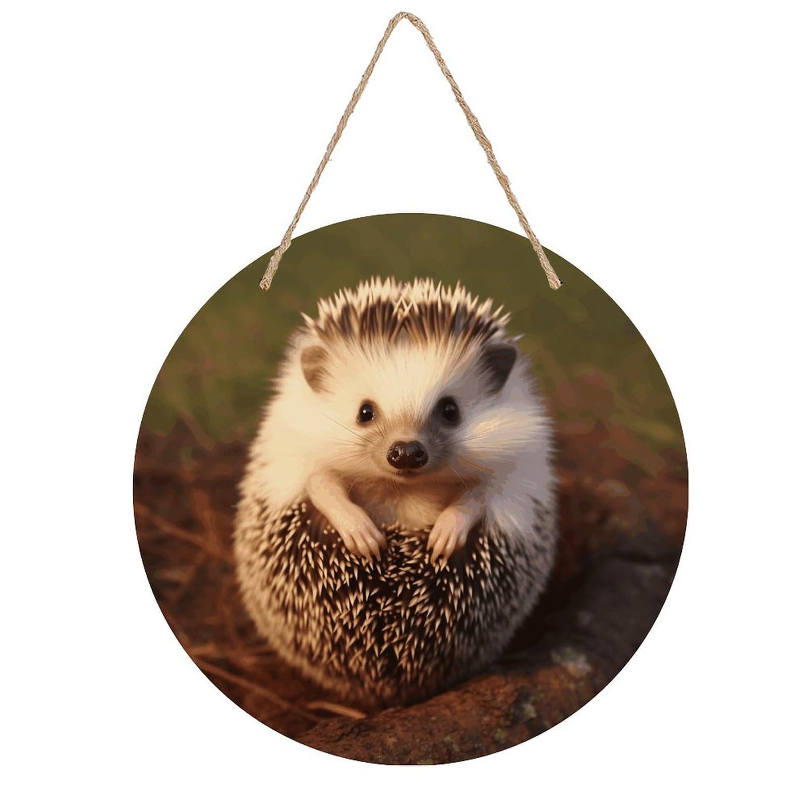 VstaDank Hedgehog Wall Art Decor with Ropes Wooden Hanging Sign Hanging Wall Decor Artwork Round Wood Painting Modern Wall Prints Decor Picture for Office Bar Home Decors