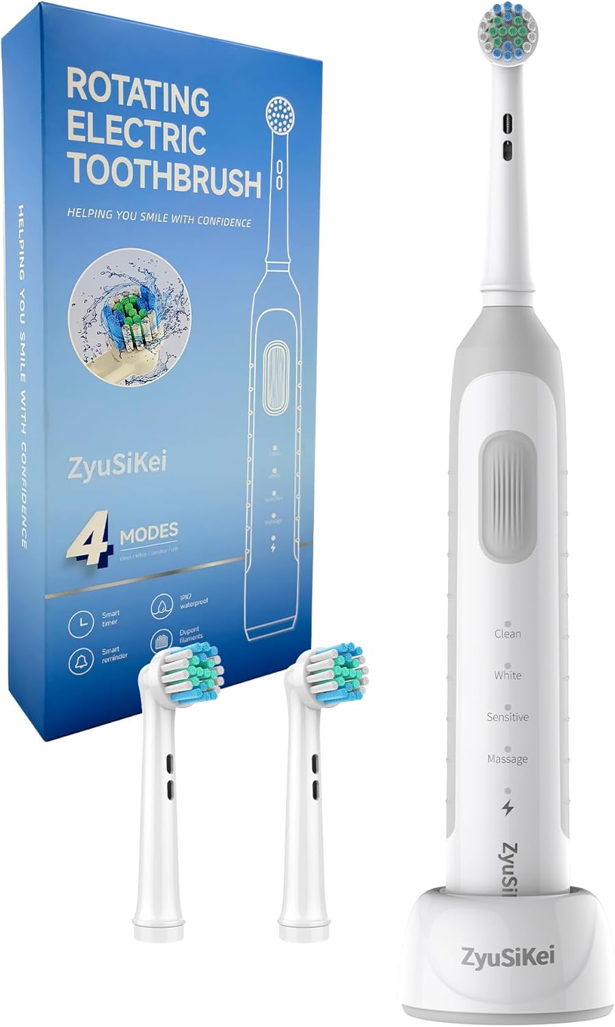 Rotating Electric Toothbrush for Adults with 4 Modes, Round Head and USB Charging Base - for Sensitive Gums, IPX7 Waterproof (Black)