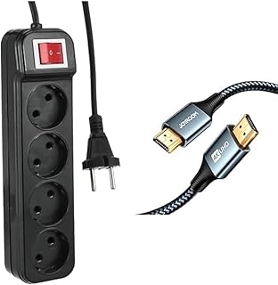 حزمة أساسية للتلفزيون (وصلة مشترك كهرباء زيرو z20 بـ4 مقابس مع زر تشغيل - أسود، 1.5 متر + كابل HDMI الى HDMI SY-20H1 (4K عند 60 هرتز) -2 متر - رمادي