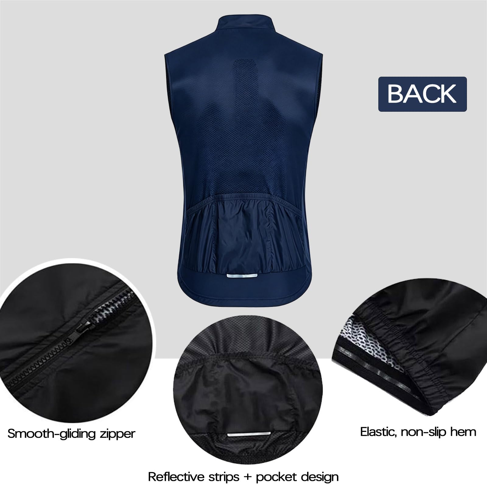 Chaleco de ciclismo sin mangas impermeable ligero, chaleco de bicicleta en seco rápido con bolsillos traseros y tiras reflectantes para ciclismo de montaña en carretera, Gray-L