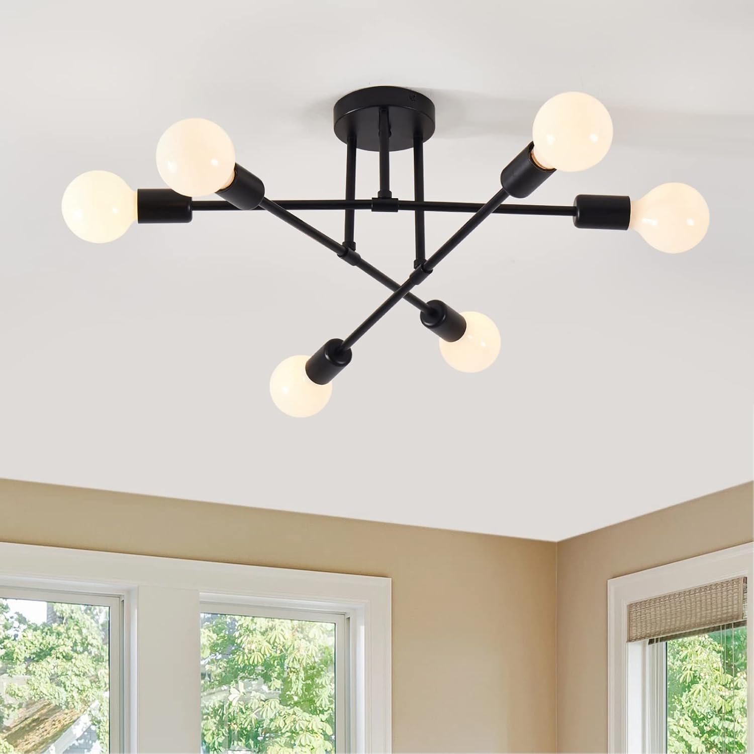 Semi Flush Mount Ceiling Light Fixture, 6 Lights Modern Sputnik Chandelier Ceiling Lamp with E26 Bulb Base, Light Fixtures Ceiling Mount for Bedroom Kitchen Living Room Hallway (Black)