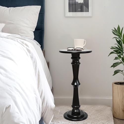 Miniatura 5 de SwallowLiving Mesa pequeña para bebidas, mesa auxiliar redonda de madera negra, mesa auxiliar estrecha y moderna con soporte de pedestal para