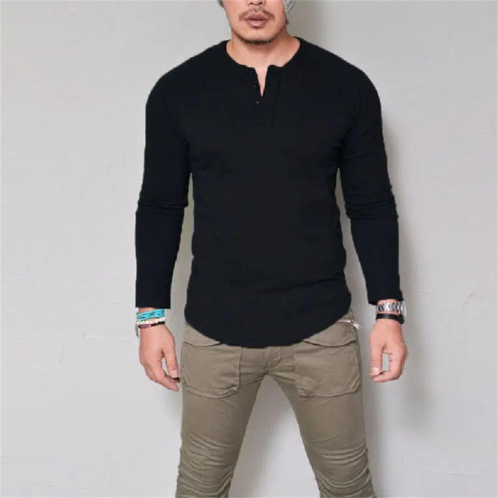 T-shirt da uomo girocollo in cotone tinta unita con bottoni a maniche lunghe traspirante casual base top