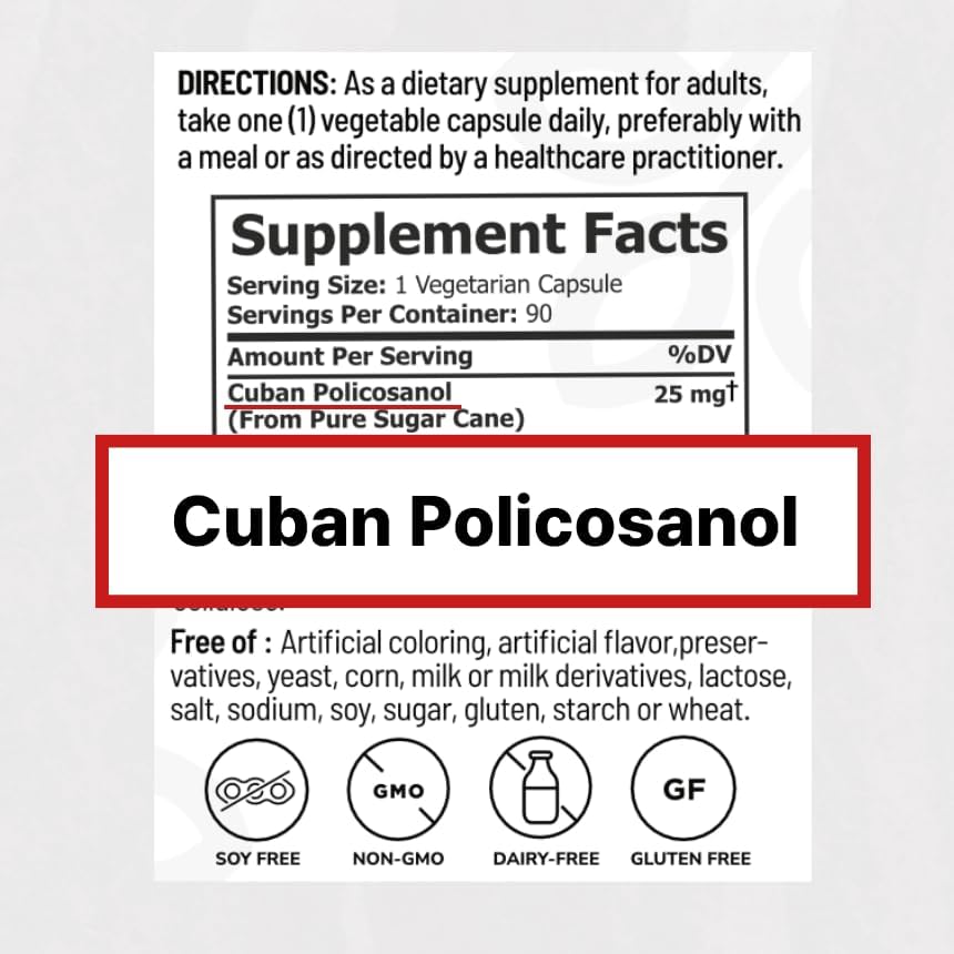 Miniatura 2 de Policosanol 25 mg hecho de caña de azúcar cubana para la salud y la inmunidad. 90 cápsulas vegetales 1 por porción Suministro de tres meses.
