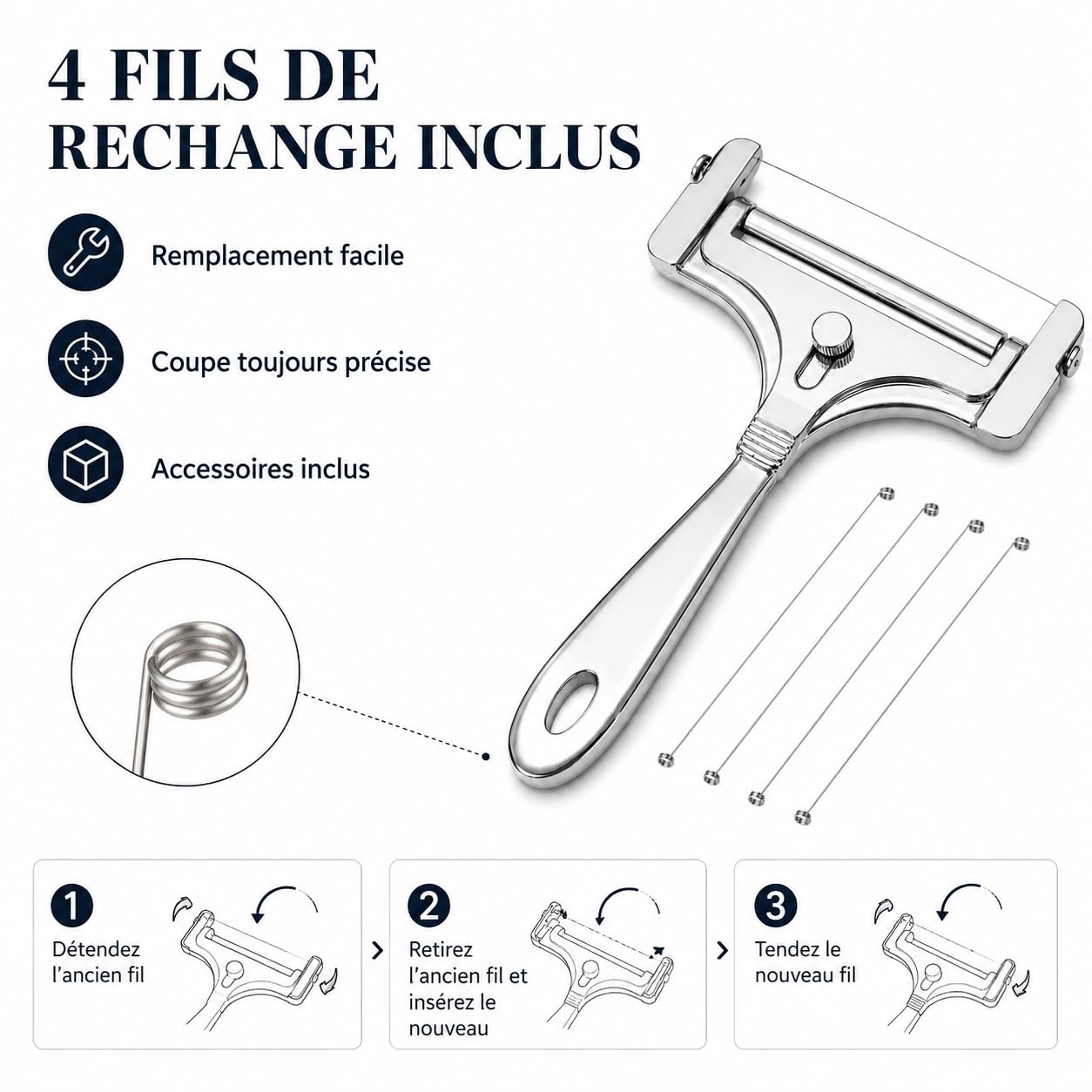 Trancheur à fromage manuel inox 4 fils de rechange réglable coupe-beurre portable argent brillant