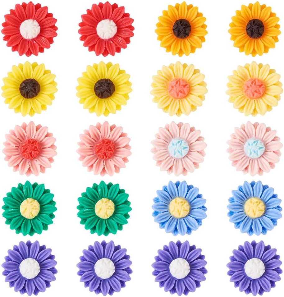 KISSITTY 54Pcs Resin Sunflower Cabochons Flat Back Daisy Flower Cabochons Colorful No Hole Flower Charms for DIY Hair Accessories Scrapbooking Phone Case Decor Crafts