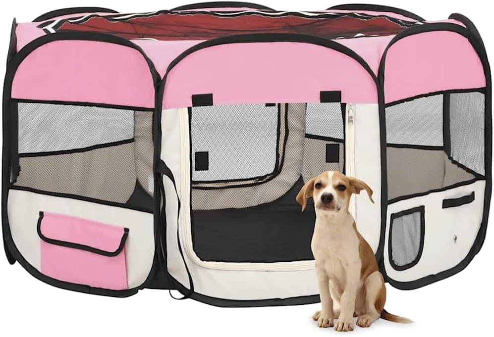 vidaXL Dog Playpen Pink and Cream Polyester 49.2 in x 49.2 in x 24.0 in