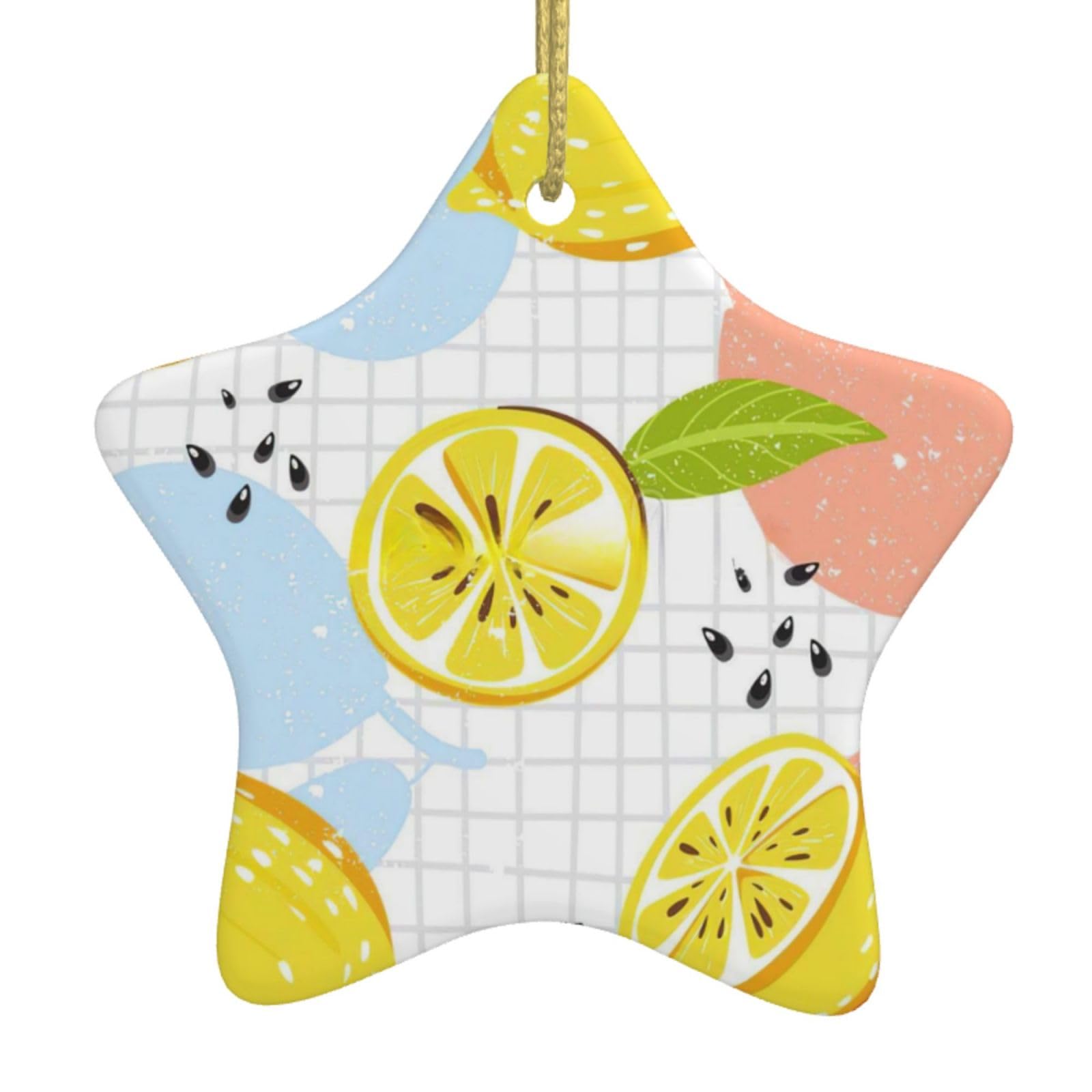 Fruits Lemon Print Christmas Ornaments, Ceramic Hanging Ornament, Round Shape Decorations